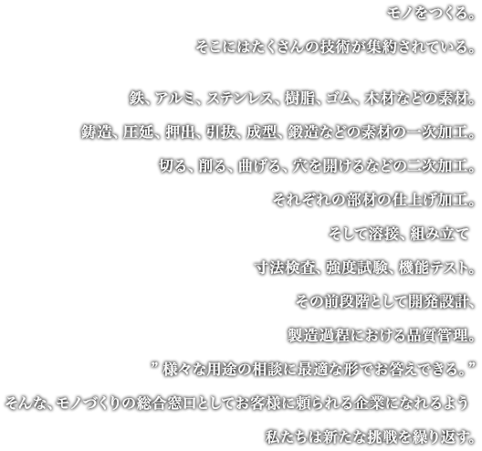 モノをつくる。そこにはたくさんの技術が集約されている。鉄、アルミ、ステンレス、樹脂、ゴム、木材などの素材。鋳造、圧延、押出、引抜、成型、鍛造などの素材の一次加工。切る、削る、曲げる、穴を開けるなどの二次加工。それぞれの部材の仕上げ加工。そして溶接、組み立て寸法検査、強度試験、機能テスト。その前段階として開発設計、製造過程における品質管理。”様々な用途の相談に最適な形でお答えできる。”そんな、モノづくりの総合窓口としてお客様に頼られる企業になれるよう私たちは新たな挑戦を繰り返す。